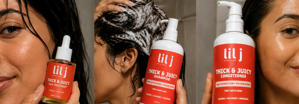 Three-panel promotional image for Lil J Thick & Juicy hair care products, showing a woman holding a red-and-gold pump bottle and another panel showing her washing her hair with a foamy shampoo, alongside a large bottle of Thick & Juicy Conditioner.